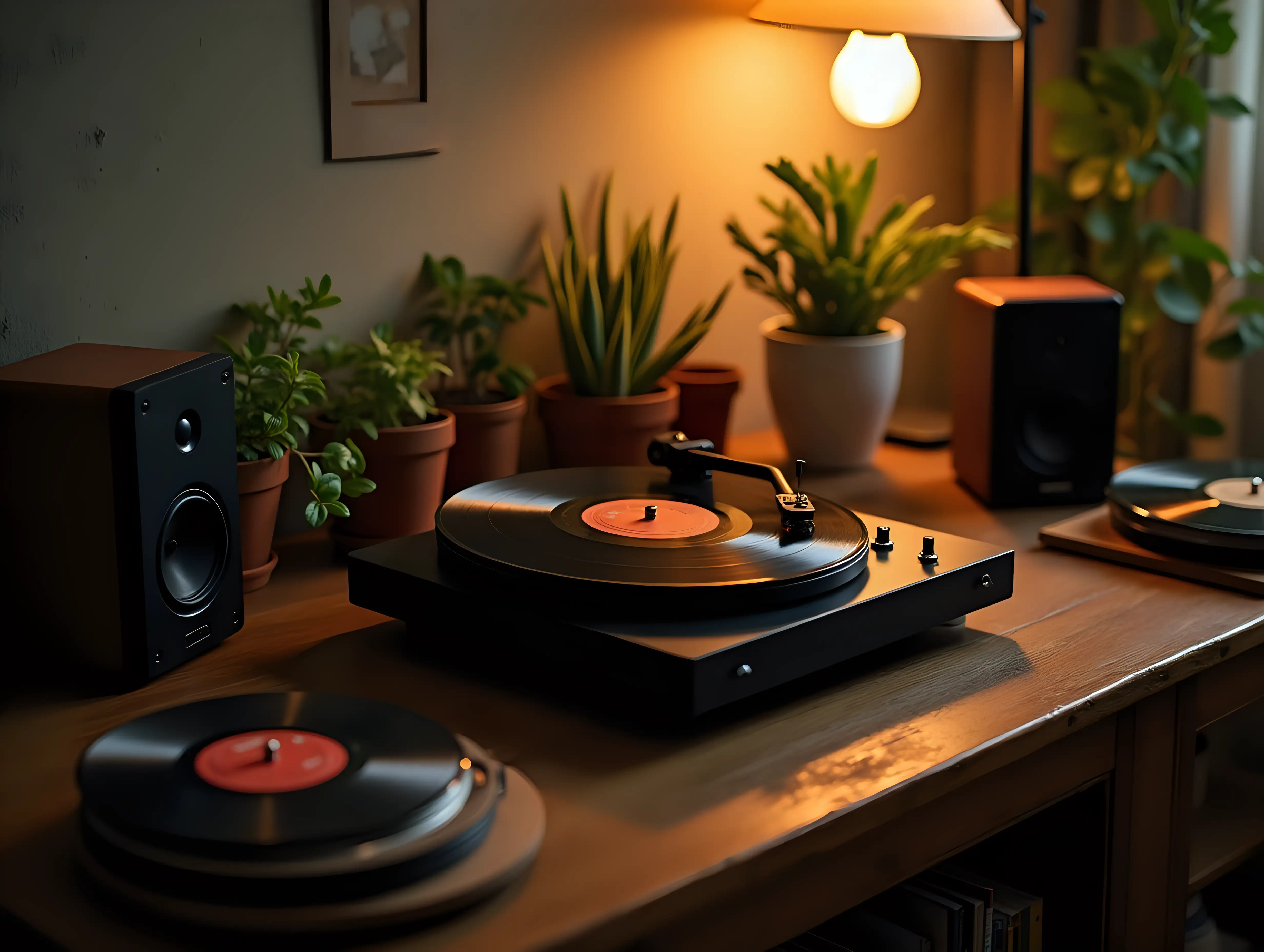 Vintage-Record-Player-Surrounded-by-Potted-Plants-and-Warm-Lighting