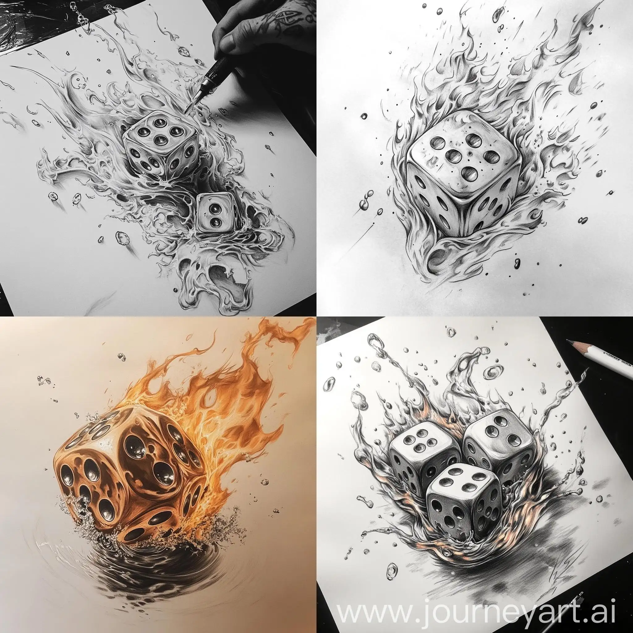 Fiery-Dice-Meeting-Water-in-Realistic-Tattoo-Sketch-Style