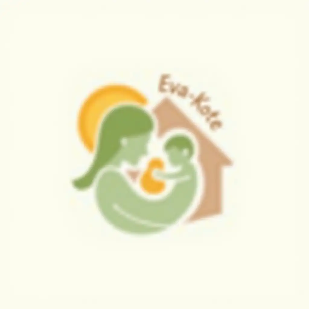 Generate a logo for the NGO 'Eva Kote' that directly represents maternal mental health and childcare for mothers with postpartum depression.  Illustrate a mother and child in a supportive embrace, with an emphasis on connection and compassion. Behind them, subtly depict a warm and inviting house or home symbol. Use natural and earthy tones, like greens and browns, combined with a hopeful accent color like a sunrise orange or yellow.  Include the text 'EVA-Kote' clearly as part of the logo, using a strong yet compassionate typeface. The logo should communicate hope, strength, and the practical support of 'home' that 'Eva Kote' NGO provides to mothers and children.