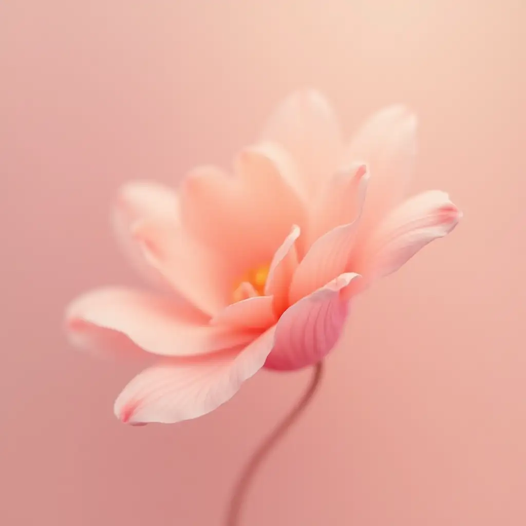 digital graphics, abstraction, everything is very, very blurry, pleasant warm colors, pink, one delicate blurry petal transforms smoothly into blurry smoke, there is just a plain background around, a gradient, a shadow from a flower falls