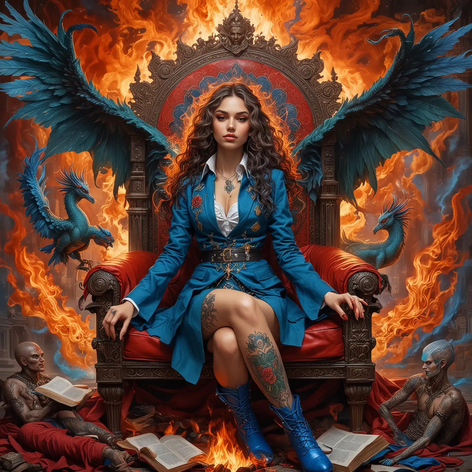 Beautiful Empress Sorceresses Surrounded by Fire and Fiery Dragons in Majestic Demonic Throne