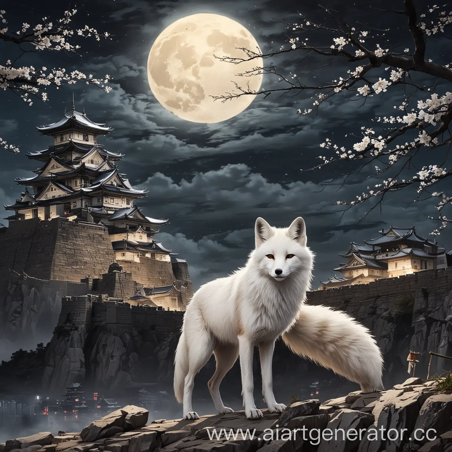 White-Fox-in-Japanese-Fortress-at-Night