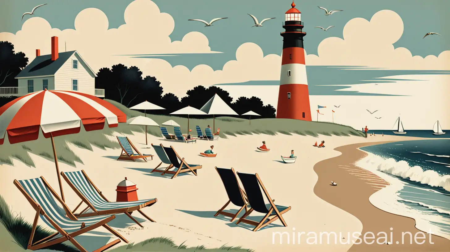 Vintage Beach Scene with Lighthouse Sailboat Chairs and Umbrellas