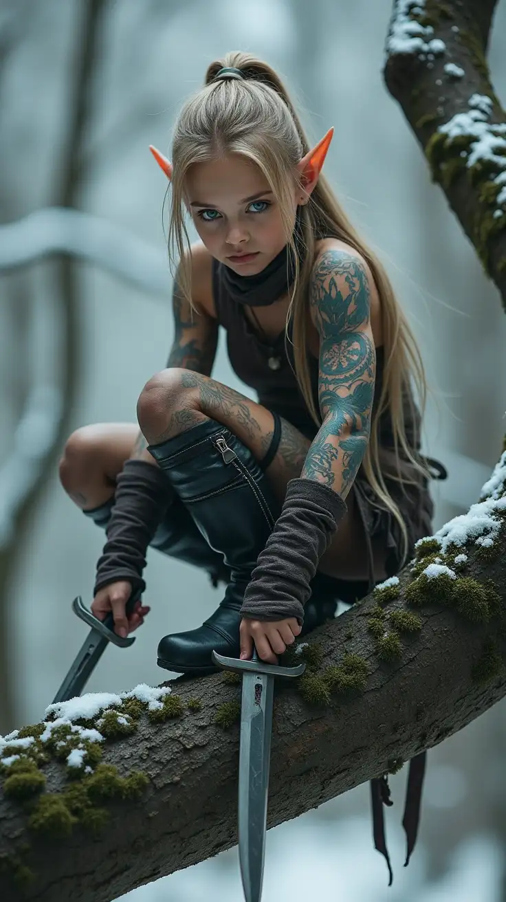 petite young elf, wearing tight clothing, wielding 2 daggers, crouching on a tree Branch in a winter forest. elf has pale skin covered in tattoos, long hair tied back, multiple knife sheathes and high boots.