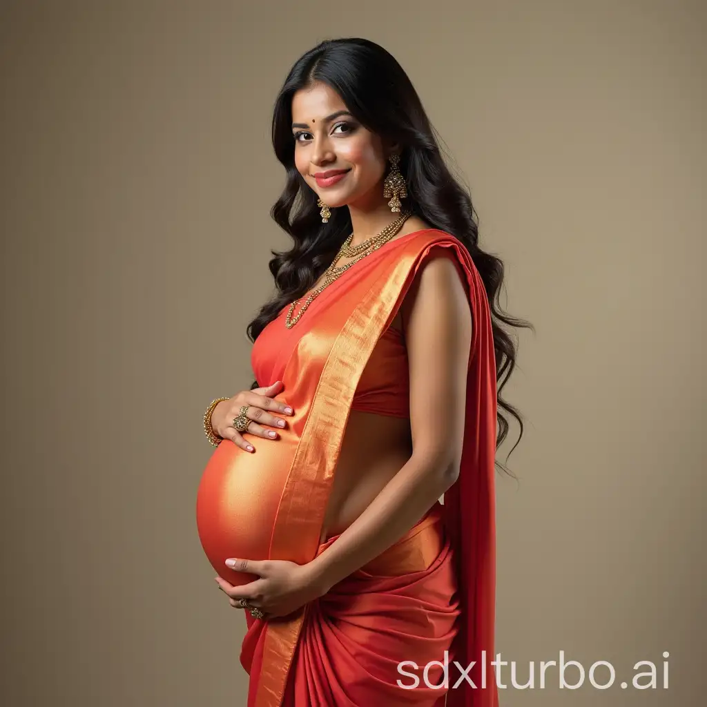 Pregnant-Woman-in-Saree-with-Sleeveless-Blouse