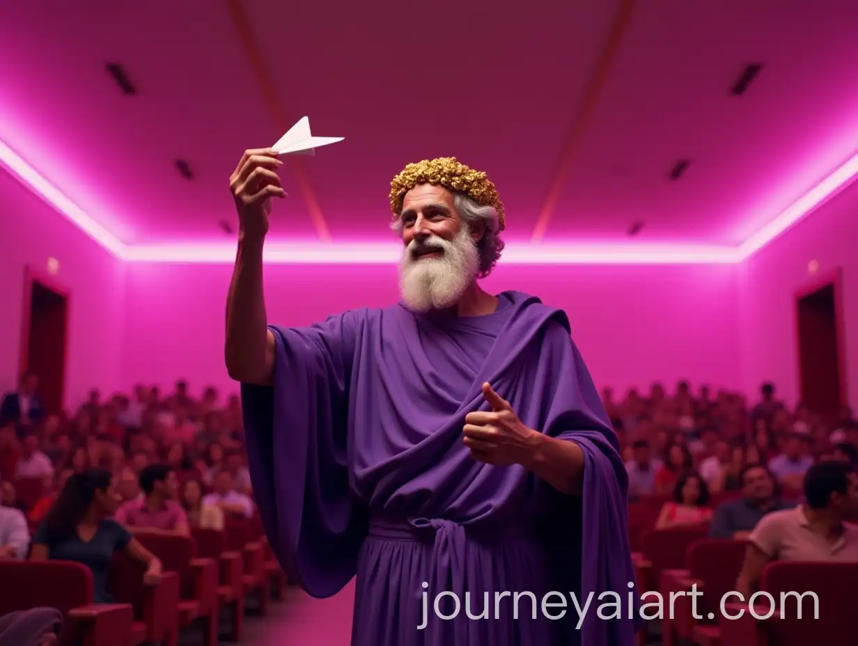 Socrates-in-Purple-Toga-with-Paper-Plane-in-Neonlit-Auditorium