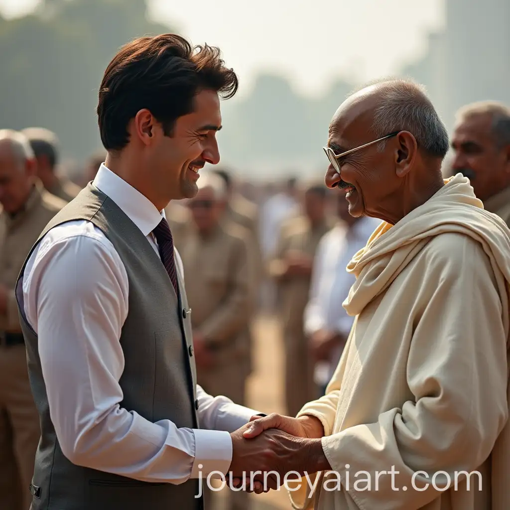 Prime-Minister-Justin-Trudeau-Shaking-Hands-with-Mahatma-Gandhi-in-Historic-Meeting