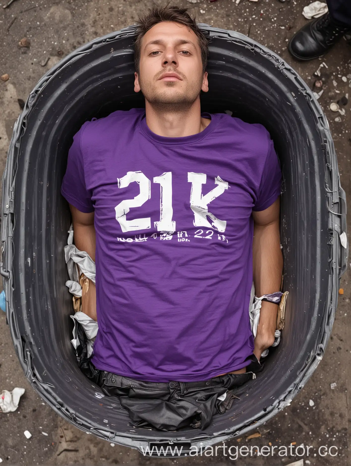 Man-in-Trash-Can-with-Purple-TShirt-21st-Century-Concept