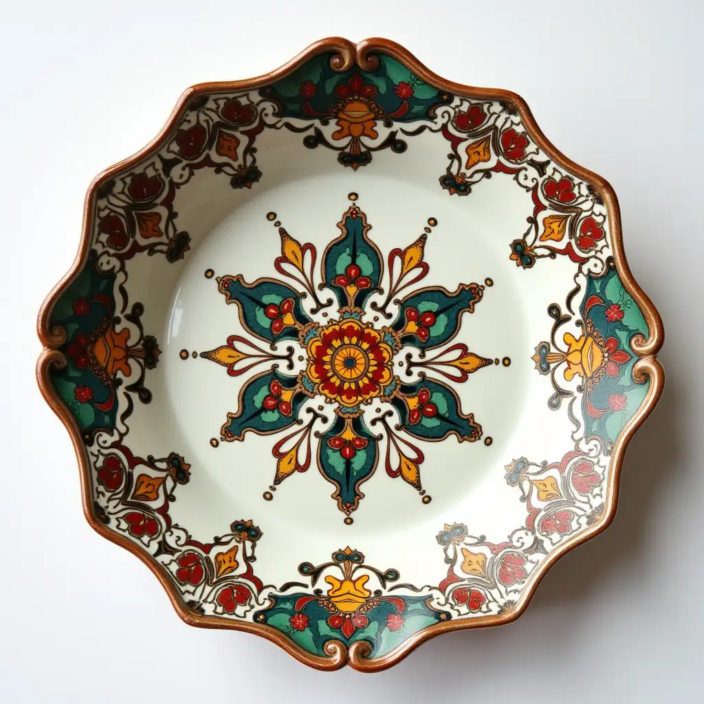 Four-piece ardour ceramic serving dish in the shape of a four-petaled flower in circle dish with embossed beautiful Ceramic handle,Underglaze painting on white body,,Fine art, Hyper detailed,Antique and old, Qajar art, Iranian Tabriz carpet design