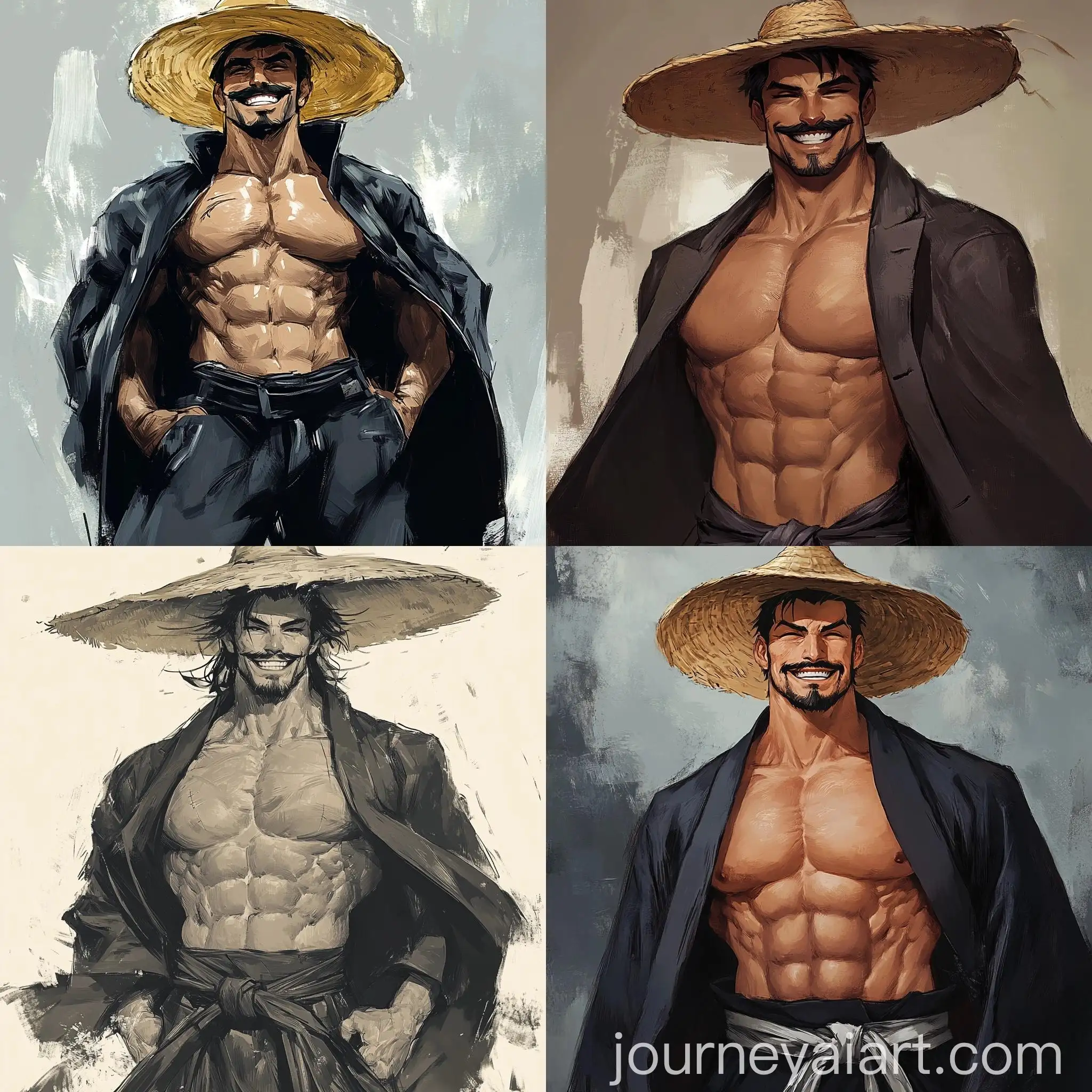 Smiling-Fighter-in-Straw-Hat-and-Black-Coat