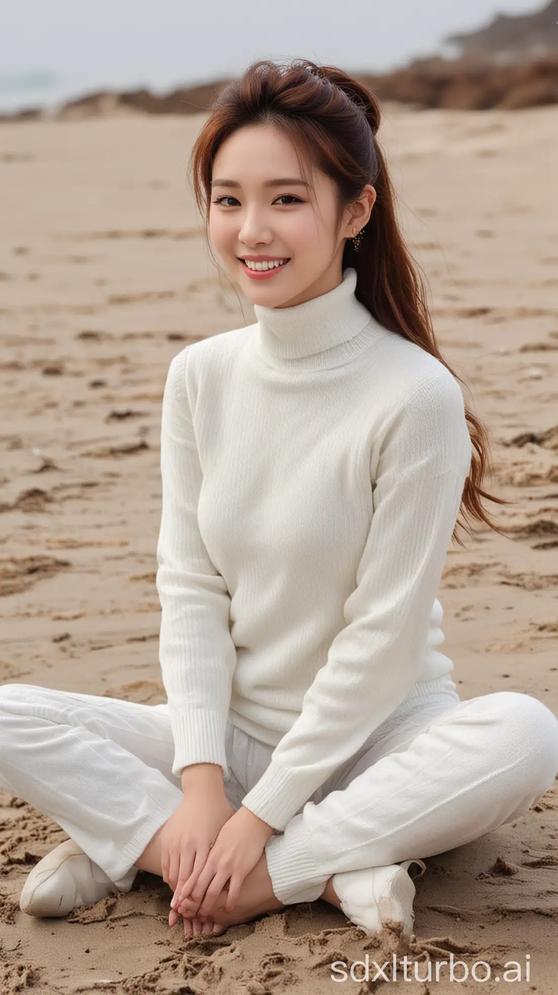 Chinese-Singer-Wang-Fei-with-Charming-Smile-in-Winter-Turtleneck-Sweater-on-the-Beach