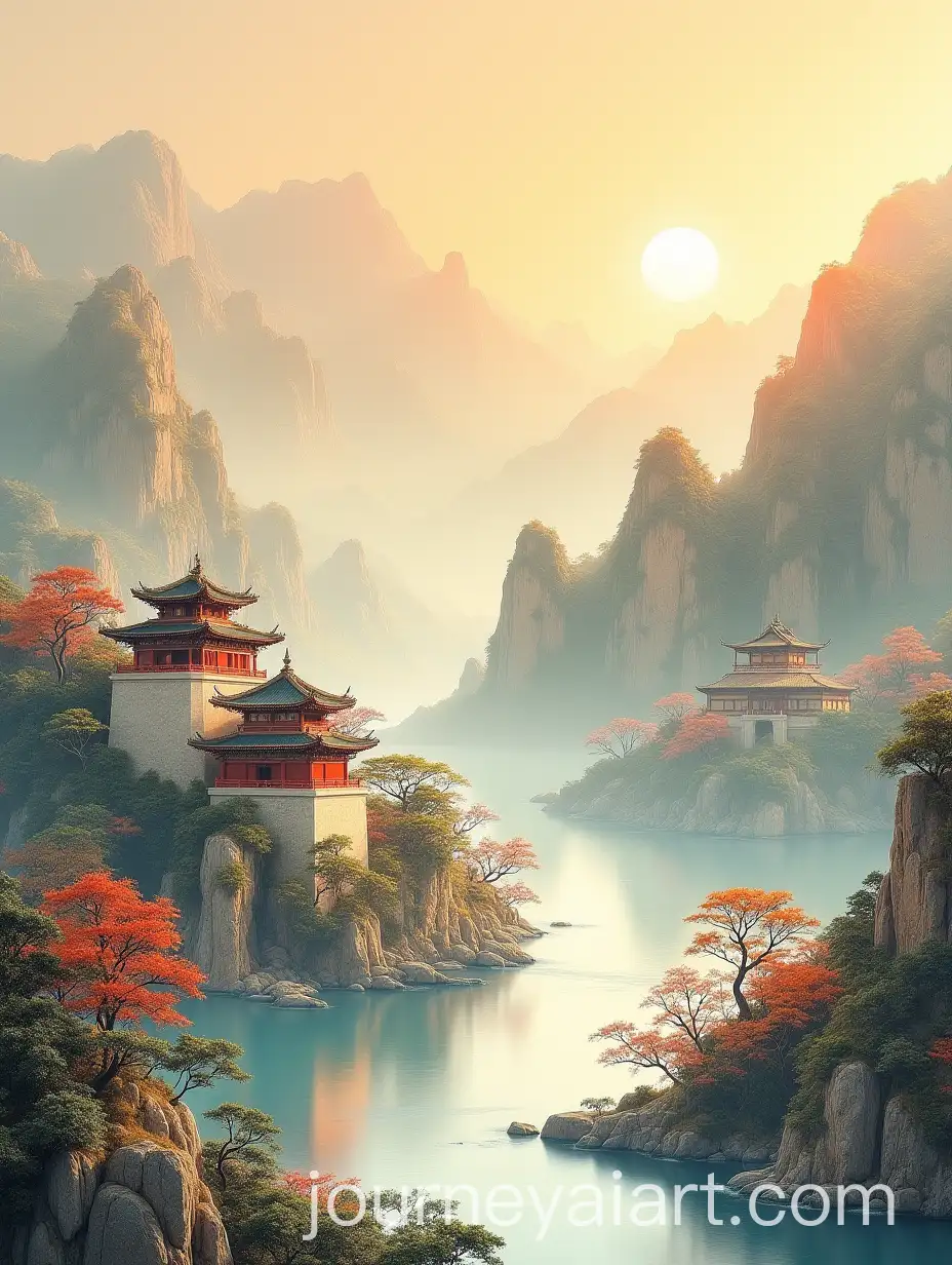 Majestic-Architectural-Landscape-with-Qilin-Mythical-Creature-and-Mountain-Rivers