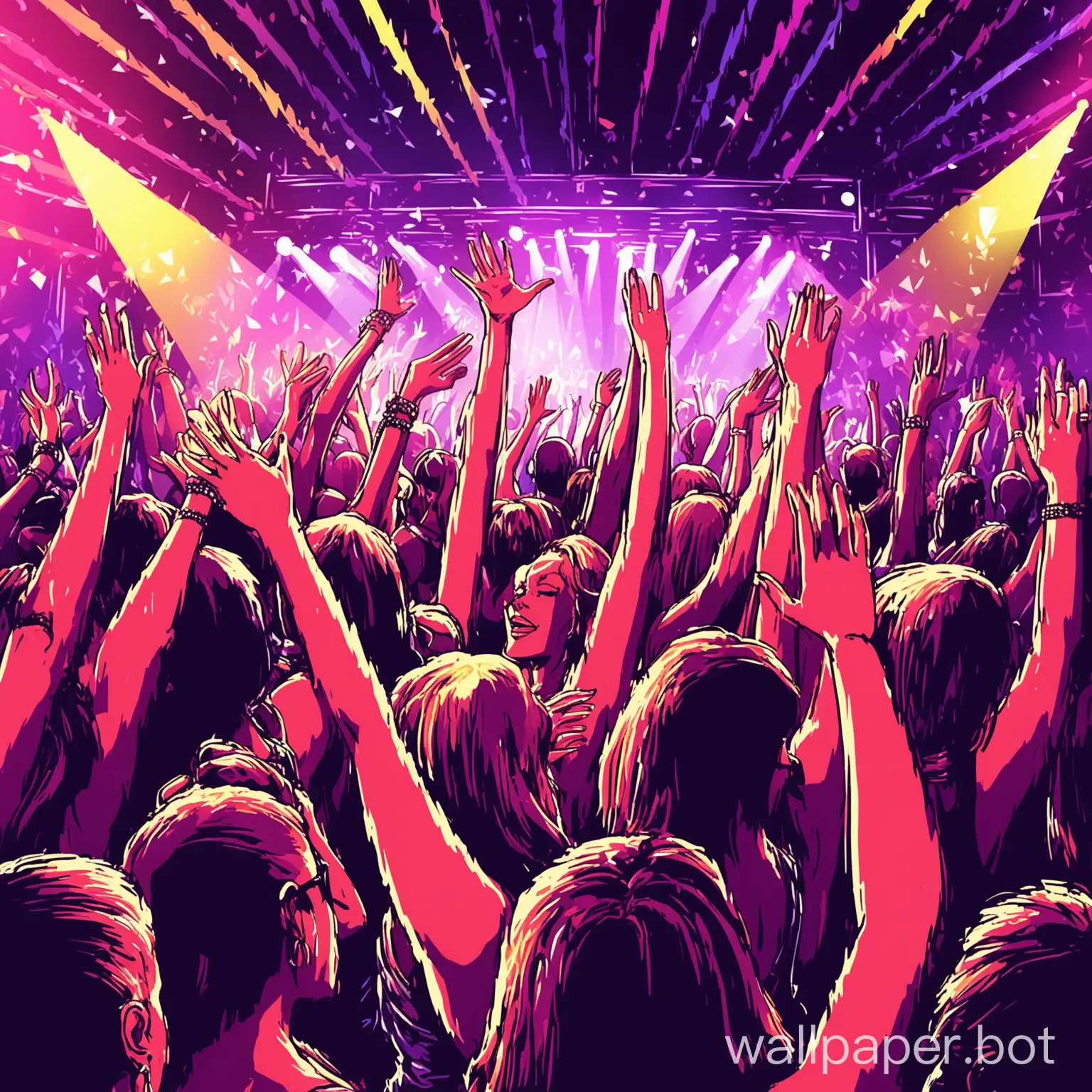 Create an illustration of glamourous party people in a nightclub in Ibiza dance to House music and techno all with their hand in the air. 