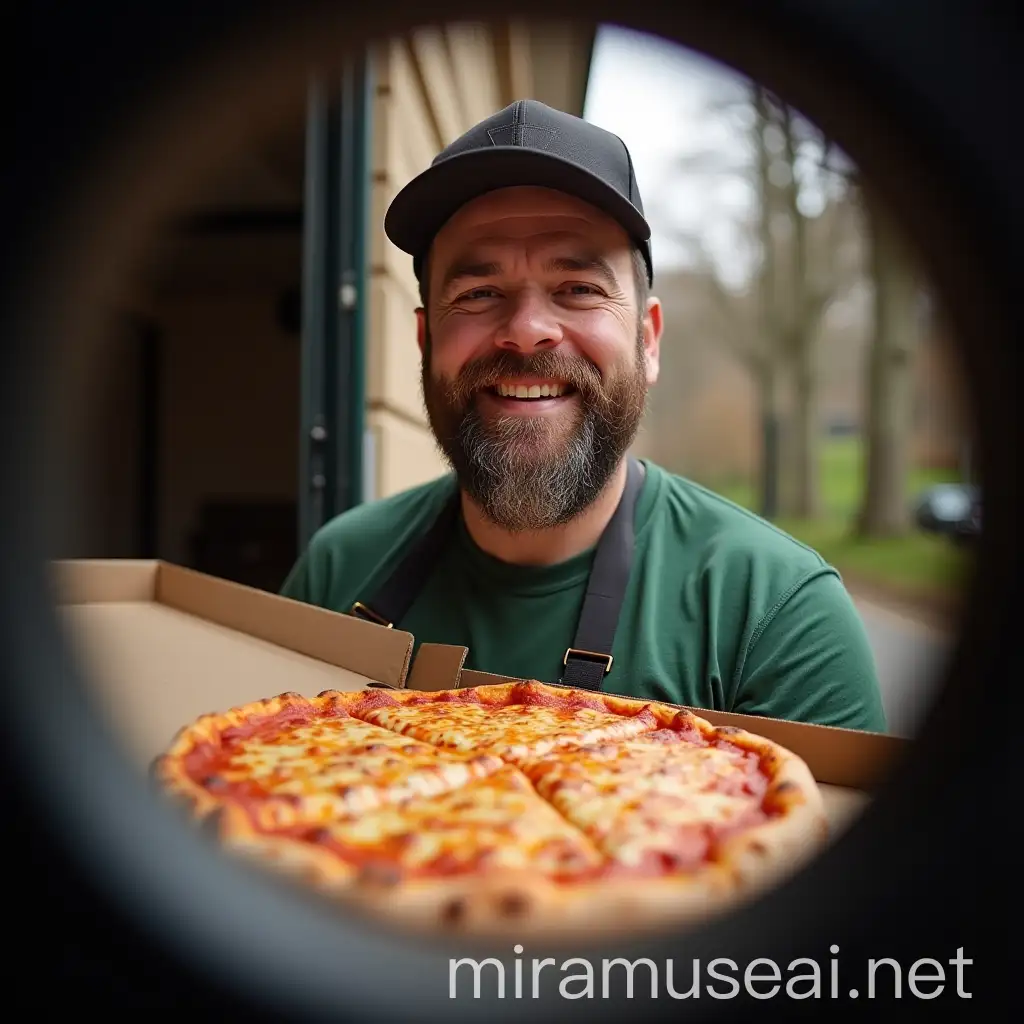 Pizza Delivery Man Viewed Through Peephole