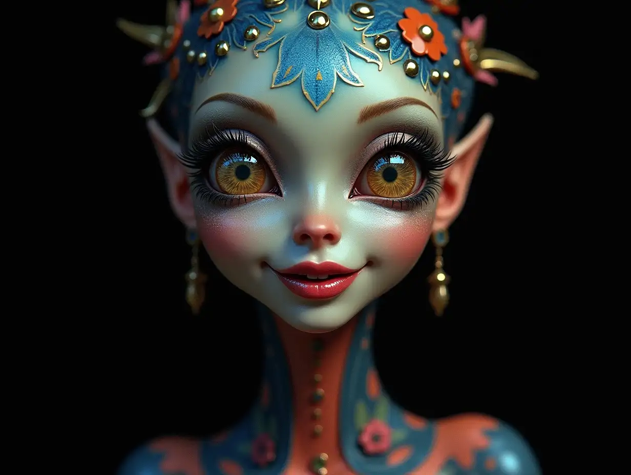 Depiction of a beautiful alien with makeup, shimmering around the eyes with a smile and intricately detailed, colorful and futuristic jewelry. Black background   40-mm-shot