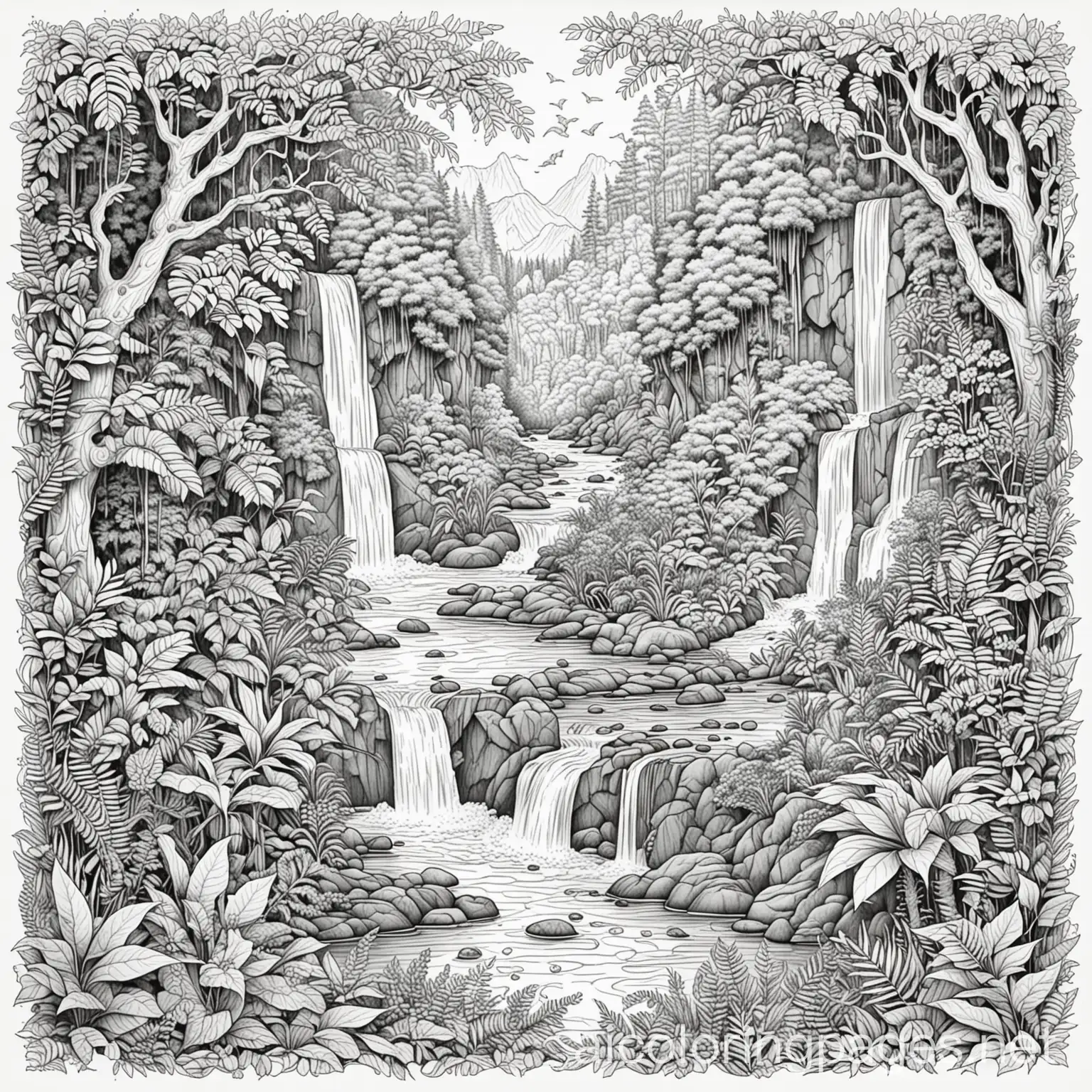 A page filled with intertwining rivers and waterfalls, surrounded by foliage and creatures native to rainforests., Coloring Page, black and white, line art, white background, Simplicity, Ample White Space. The background of the coloring page is plain white to make it easy for young children to color within the lines. The outlines of all the subjects are easy to distinguish, making it simple for kids to color without too much difficulty