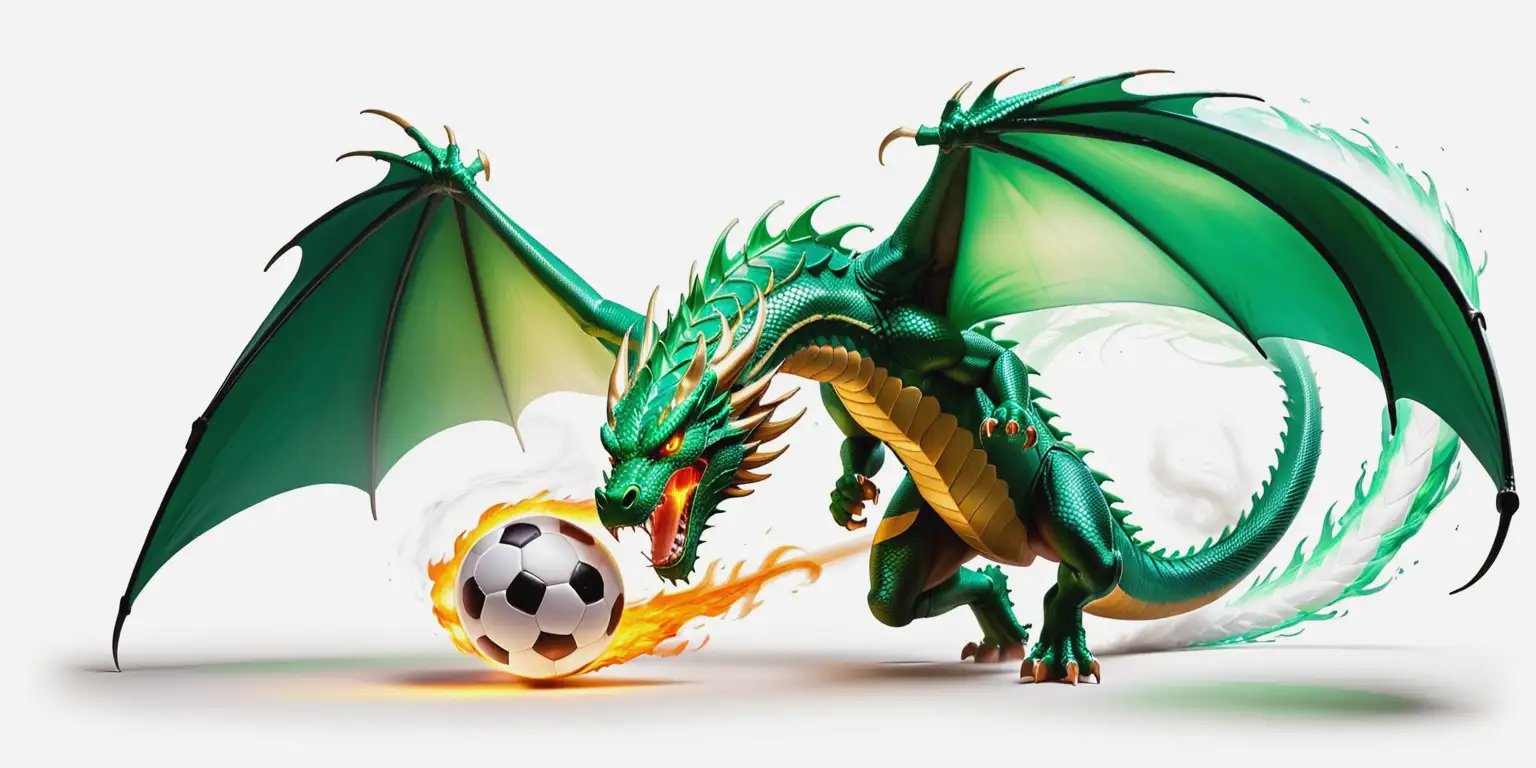 Aggressive Emerald Dragon Breathing Fire with Soccer Kick on White Background