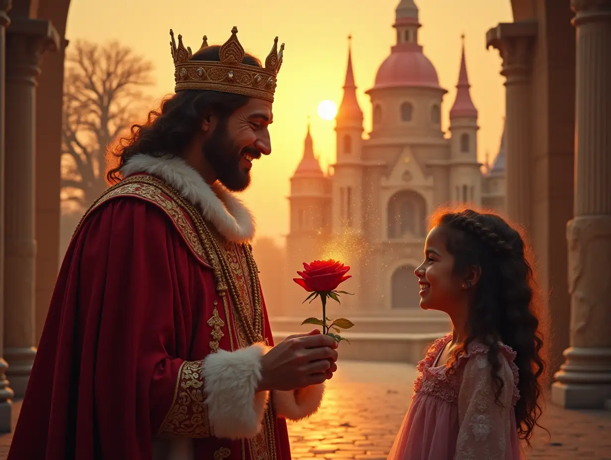 King Returns**: A royal king in ornate attire, holding a glittering magical rose, joyful daughter waiting, palace in the background, sunset glow.