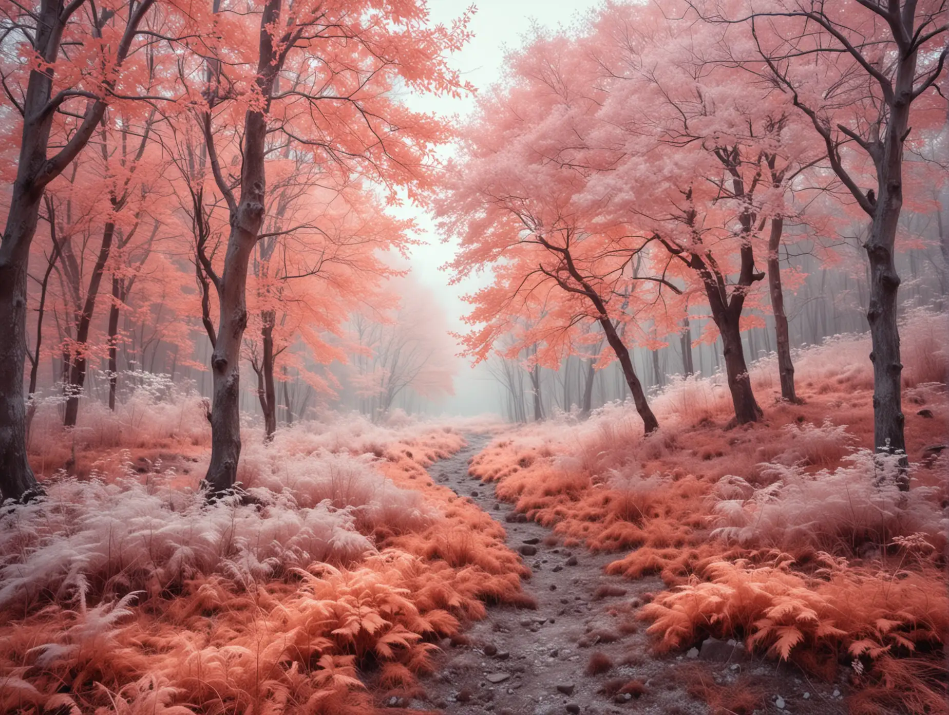 Infrared photography. Mesmrizing autumn landscape. Fluffy foliage waving in the wind. Soft mist covering the ground. Calm atmosphere.