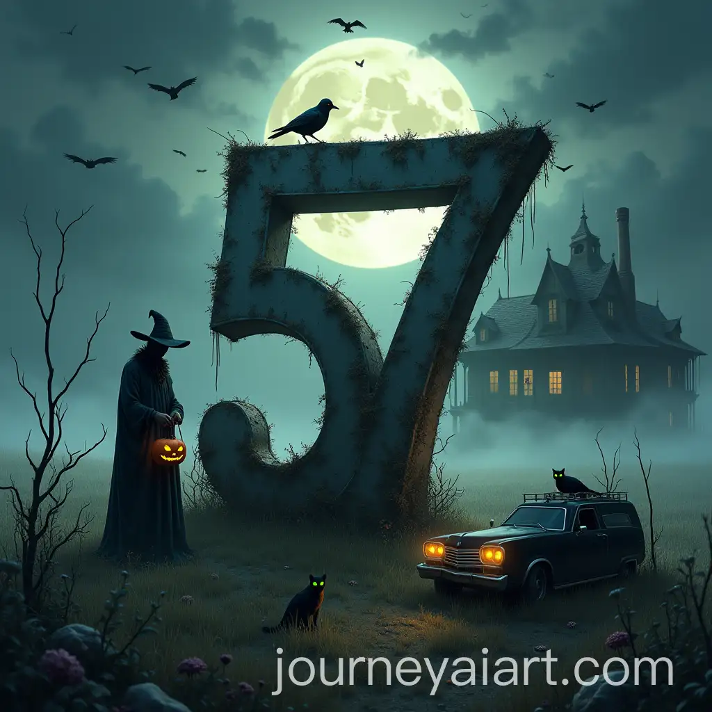 Eerie-Halloween-Scene-with-a-Weathered-Number-5-in-a-Foggy-Field