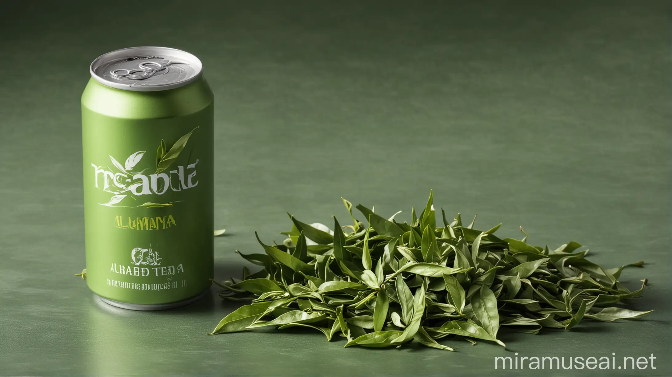 Green Tea in Aluminum Can with Tea Leaf on Table