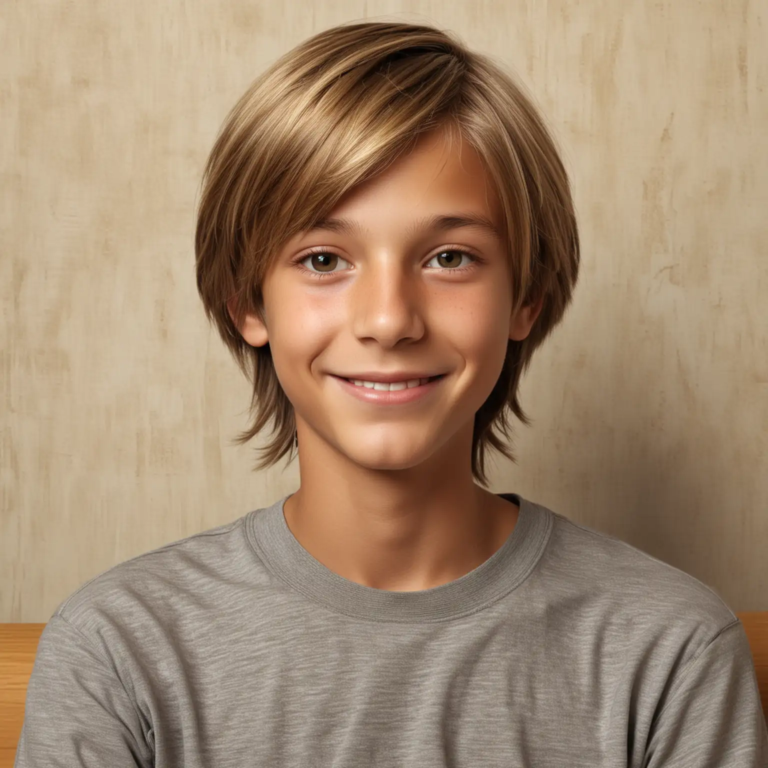 Hyper Realistic Photo of a Happy ThirteenYearOld Boy Sitting for School Photo