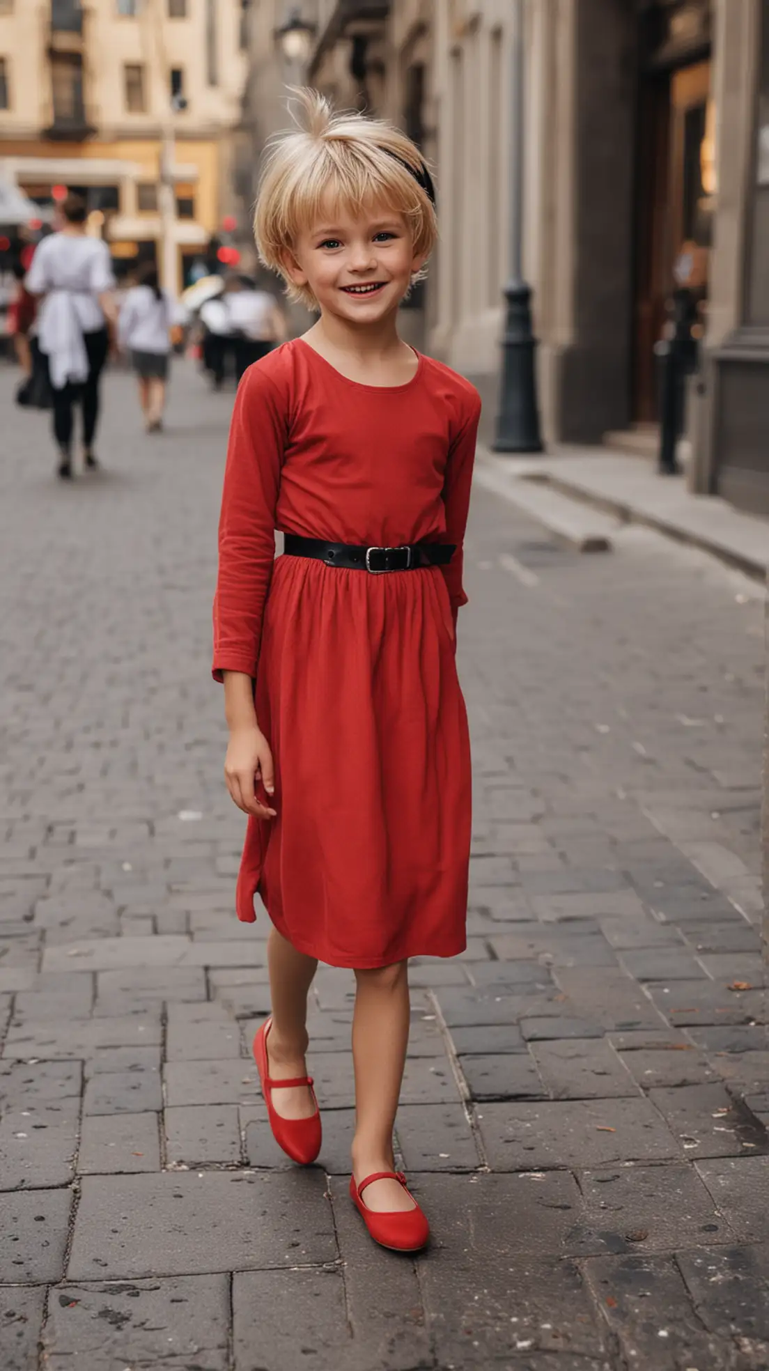 little young boy wear red maxi dress black belt with long sleeves and red ballet flats and walking in the city and black headband and blond short hair and smiling and long legs