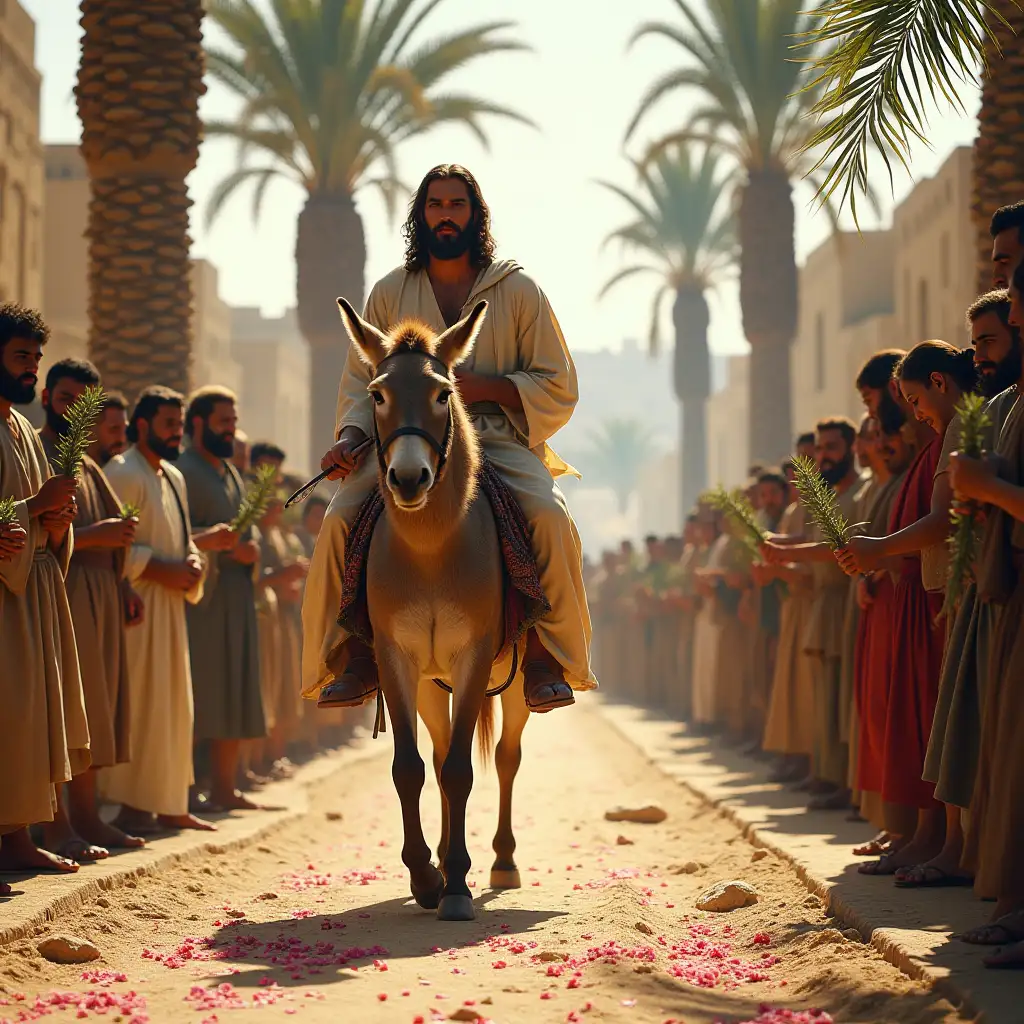 real photograph of a scene that takes place in Palestine in the year 33, Jesus entering Jerusalem on a donkey, on the sides of the road beaten by sand and stones there are palm trees, the crowd has palm and olive branches in their hands, and scatters flower petals on the road