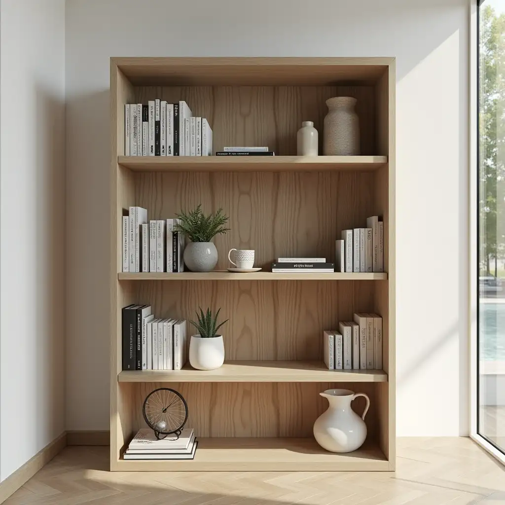 modern bookshelf and simple  melamine at corner home super detailed and looks realistic