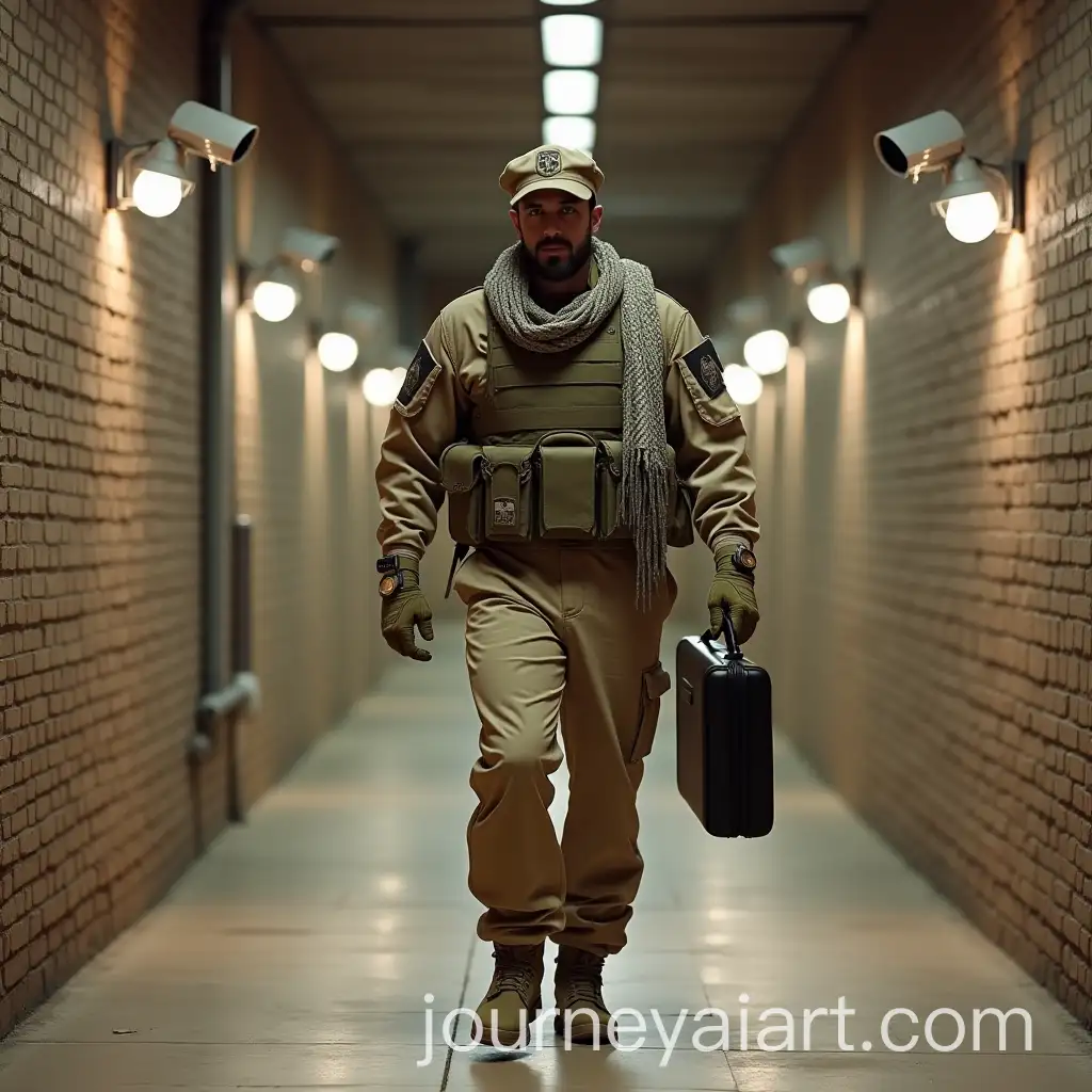 Arab-Military-Mercenary-in-Camouflage-Uniform-Walking-Through-Underground-Bunker-Corridor