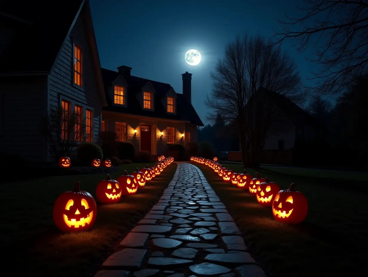 Moonlit pathway to haunted house, patio with Jack-o-Lantern