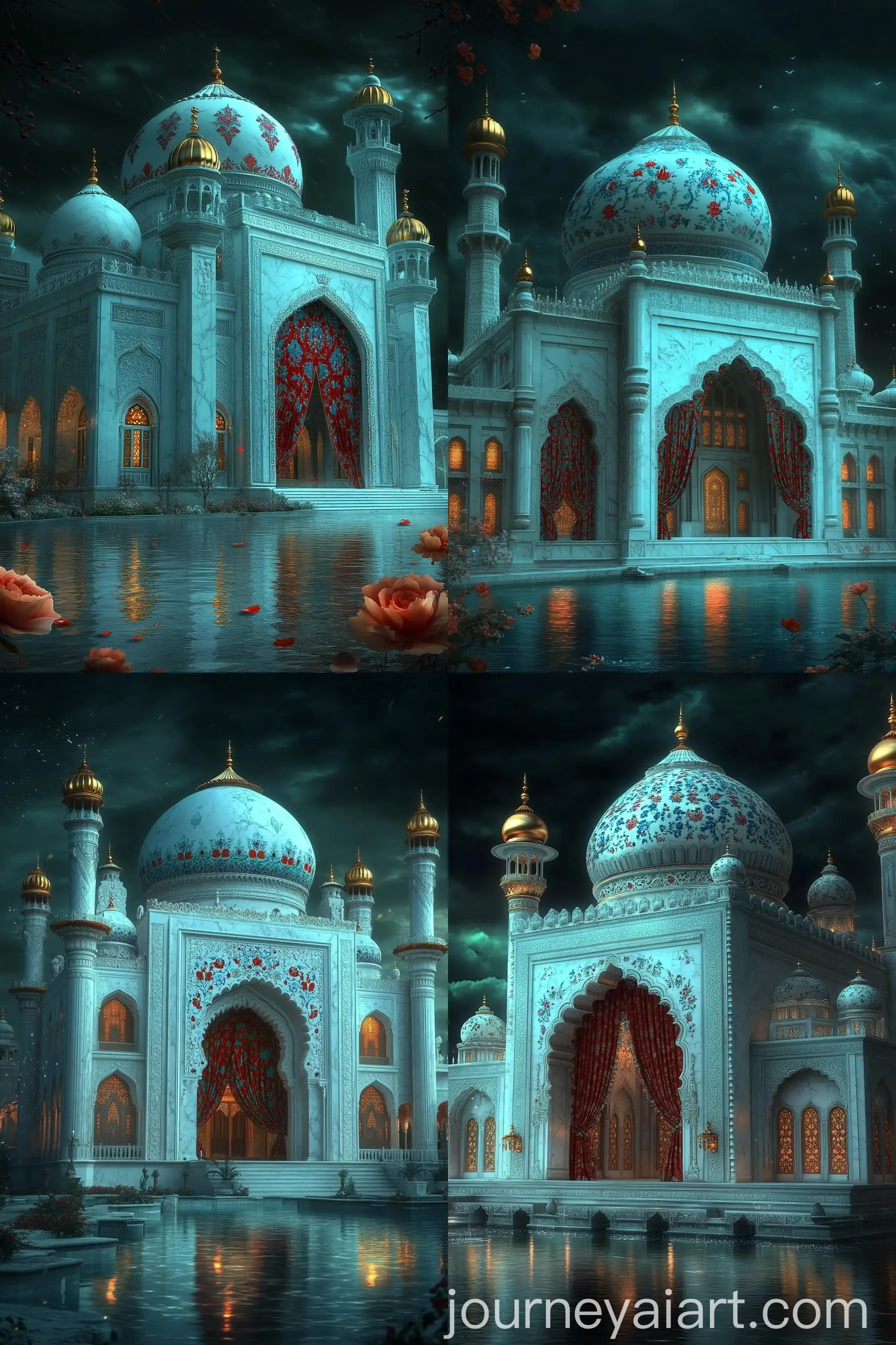 White-Marbled-Mughal-Madrasa-with-Red-and-Blue-Floral-Motifs-and-Mashrabiya-Balcony