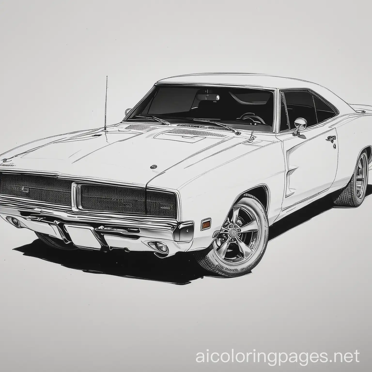 A 69 dodge charger 3/4 view, Coloring Page, black and white, line art, white background, Simplicity, Ample White Space. The background of the coloring page is plain white to make it easy for young children to color within the lines. The outlines of all the subjects are easy to distinguish, making it simple for kids to color without too much difficulty