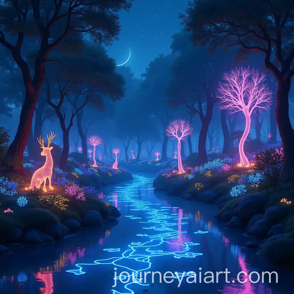 Dreamlike-Bioluminescent-Forest-at-Night-with-Glowing-Plants-and-Ethereal-Animals