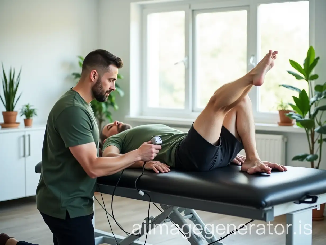 Male-Physiotherapist-Performing-Ultrasound-Therapy-on-Senior-Patients-Hamstring-in-Modern-Rehab-Room