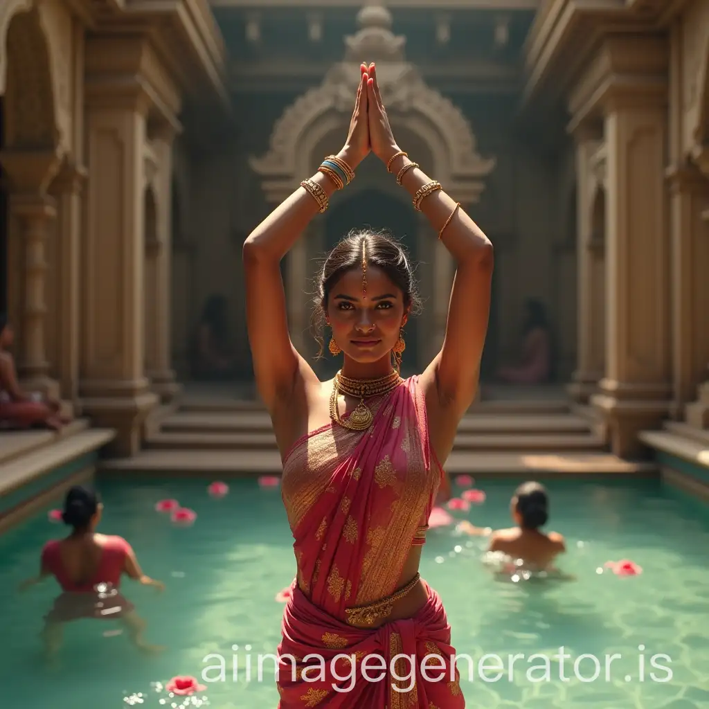 Inside an ancient stone palace,there is a large ancient swimming pool with roses in it and here and there women are in the pool,and a king sitting in a Royal chair in background.in foreground a beautiful royal tamil woman in rose outfit showing her face straight and her arms raised fully up