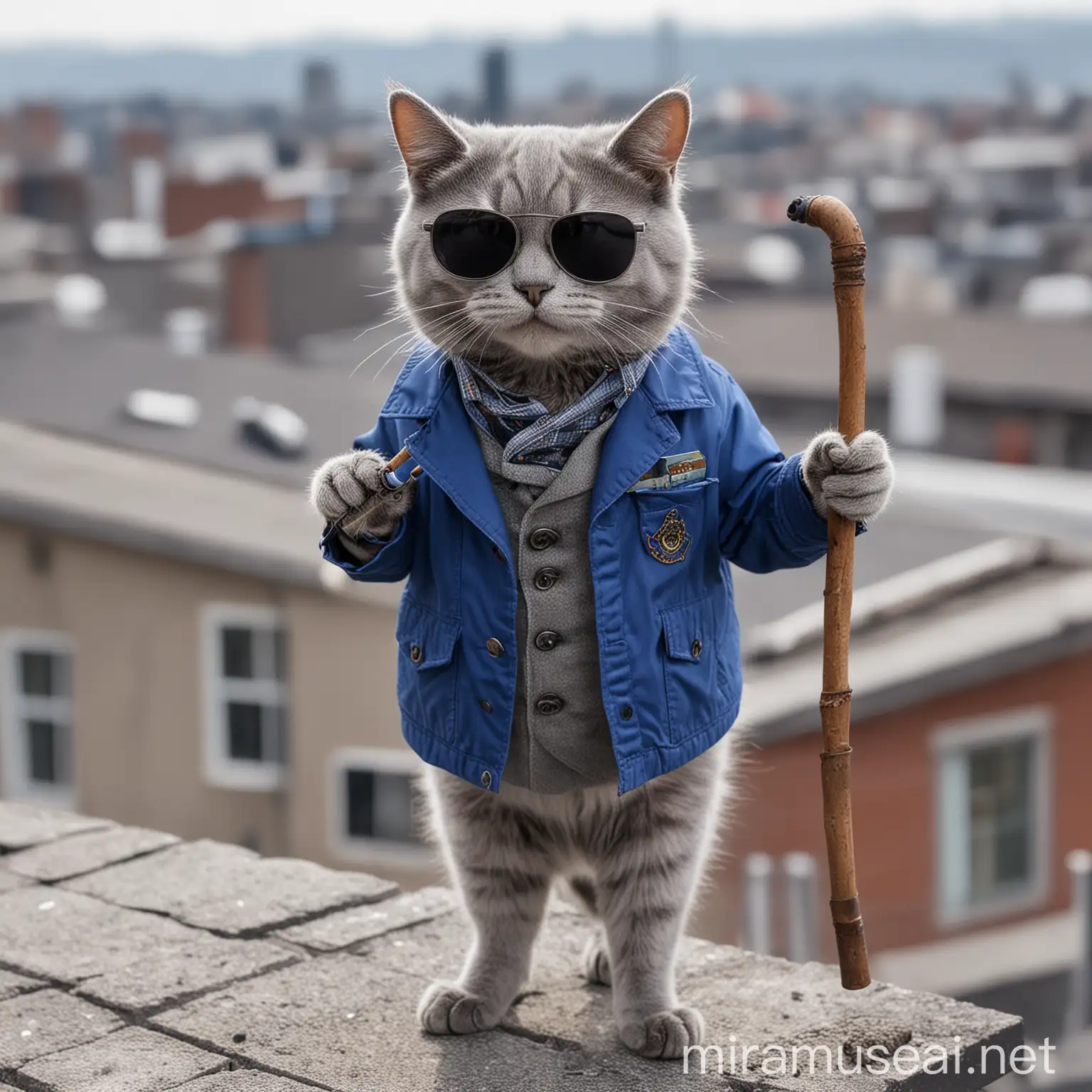 Cool Cat in Blue Jacket Walking on Rooftop with Sunglasses and Pipe