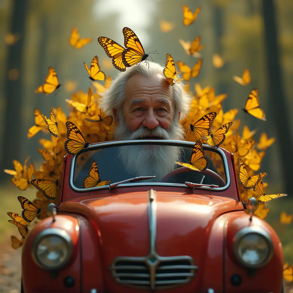 Old-Priest-Driving-Red-Car-with-Yellow-Butterflies-on-a-Sunny-Day