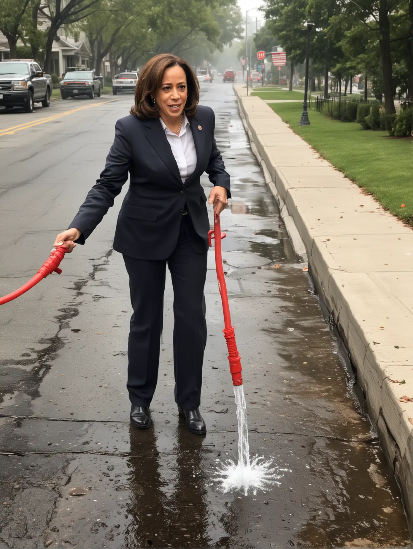 Kamala Harris, standing on a sidewalk with a fire hose pouring water into a sewer.