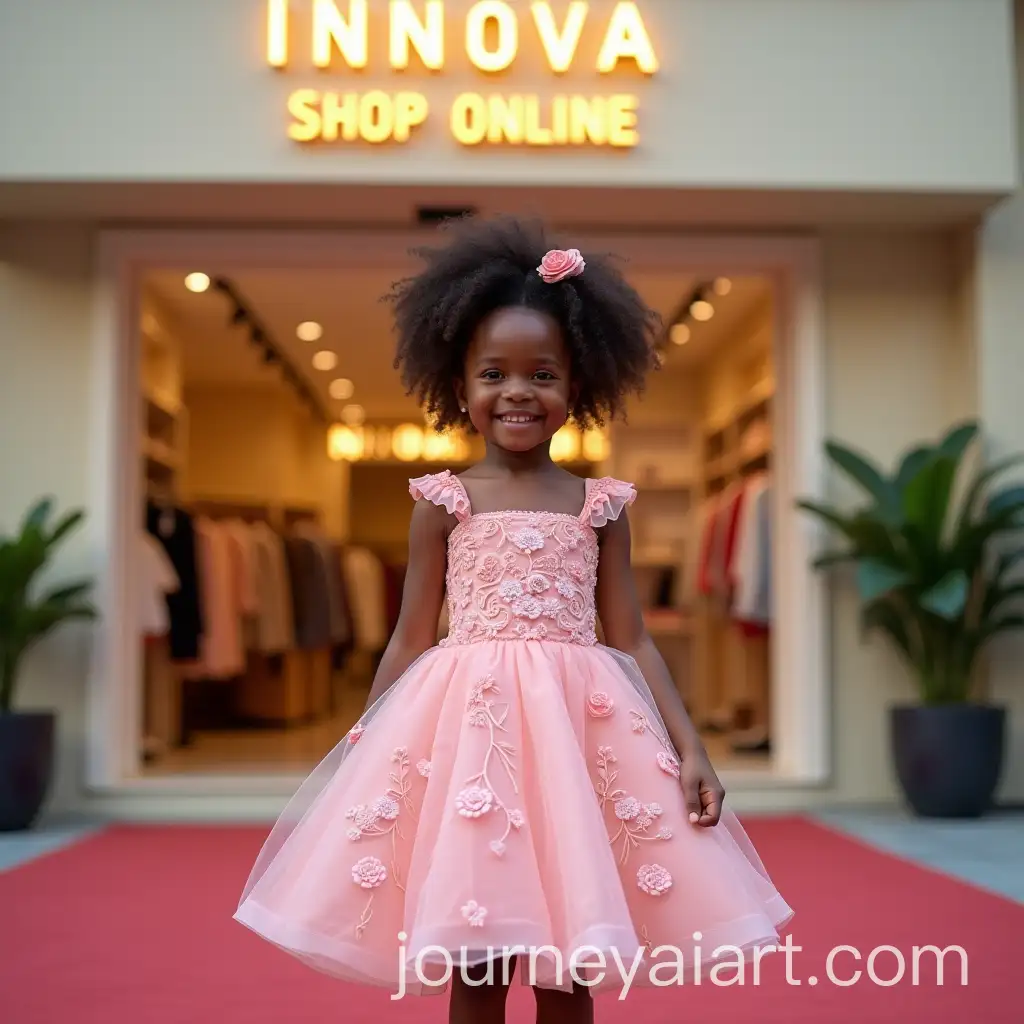 MixedRace-Little-Girl-in-Pink-Dress-Posing-Gracefully-in-Front-of-Modern-INNOVA-Shop