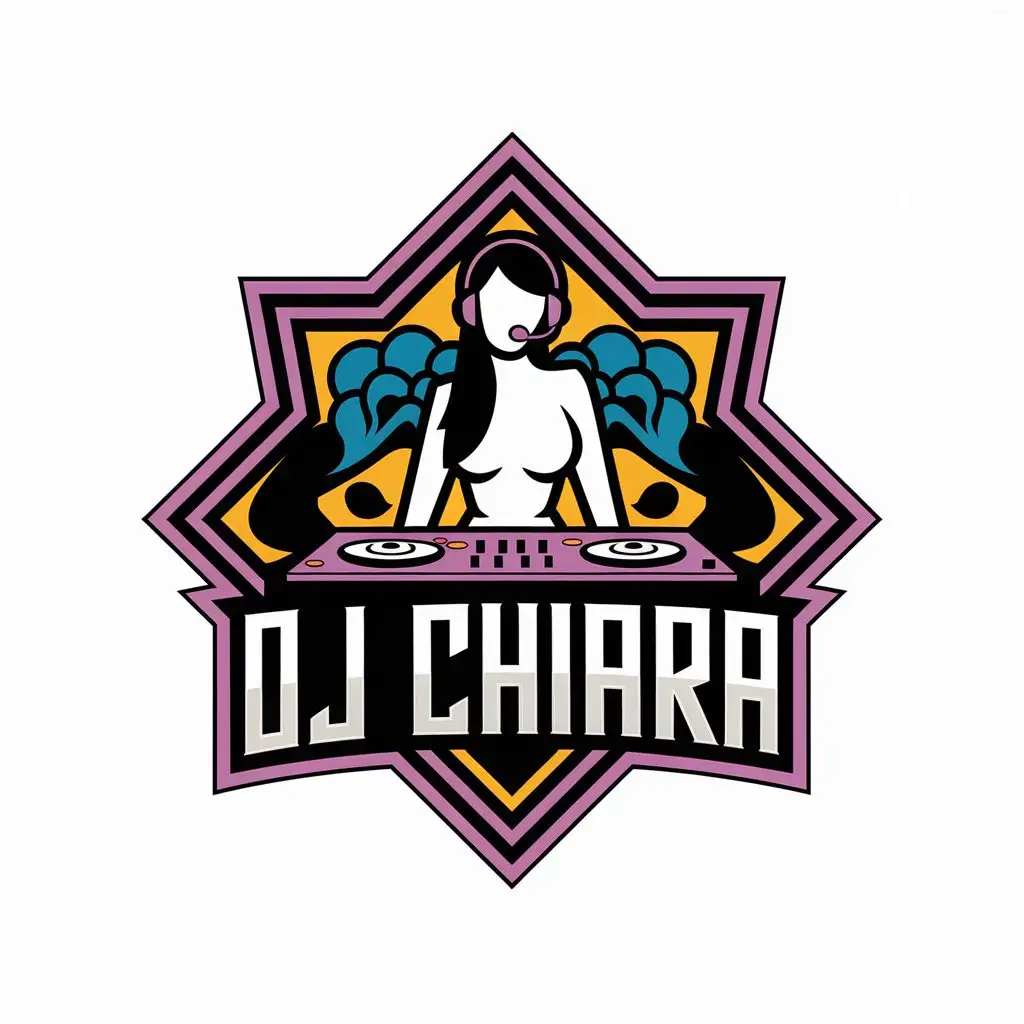 LOGO Design for DJ CHIARA White Woman DJ with Long Black Hair Console and Headphones Emerging from Africa