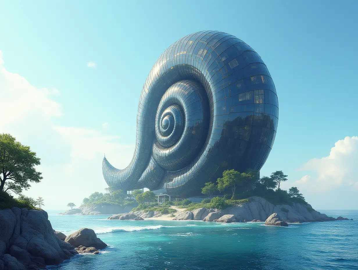 Create a high-resolution, realistic image of a very tall futuristic building with windows twisted like a snail shell with black and gold facades with sea with very large waves, big trees, rocks blue sky