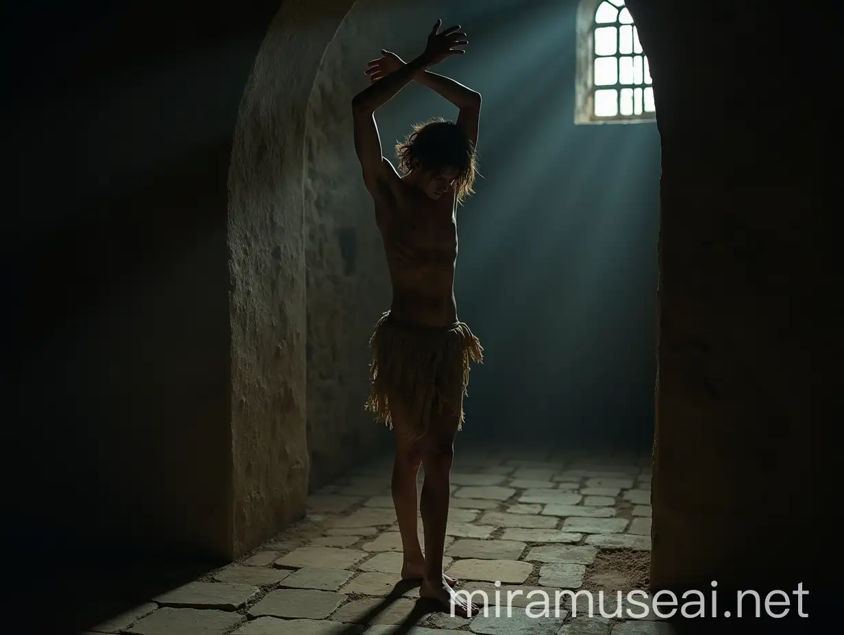 A low angle, full body shot of an extremely lean, handsome young man, about 18 years old, standing barefoot on his toes on a cold, dirty stone floor in a dimly lit, wide ancient vault. His body is positioned to the left, showing his right side, his head bowed humbly, gazing at the floor, his long, tousled hair unkempt. His slender, delicate frame glistens with sweat. He wears a ragged, torn and ripped loincloth, thin with age, barely covering his dirty body. His expression is desperate, begging and fearful, accentuating his vulnerability. He stretches his arms out, above his head, as much as possible crossing his wrists high up in the air. His lean body maximally stretched out. The damp prison walls, thick with dust, dirt, and cobwebs, heighten the oppressive atmosphere. Faint light filters through a small grated window, casting dramatic shadows across the scene. The dramatic interplay of light and shadow focuses on extreme realism, capturing the suffering of the young man and the harshness of his environment, with vivid colors and meticulous attention to every agonizing detail. Shot with a Nikon Z7 II, 50mm f/1.4 lens, shallow depth of field.