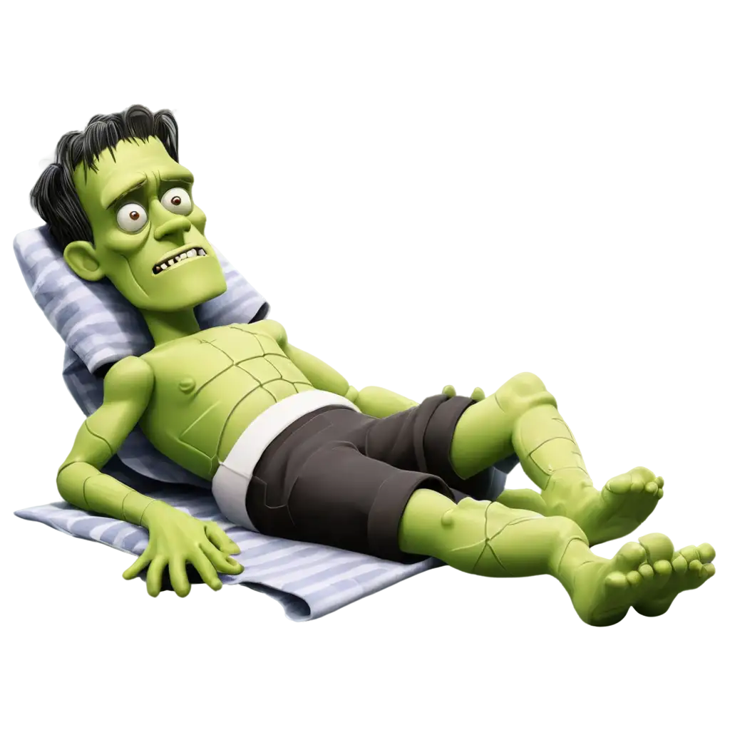 Cartoon-Frankenstein-Laying-on-a-Towel-PNG-Image-Playful-Monster-Relaxing-in-a-Whimsical-Setting