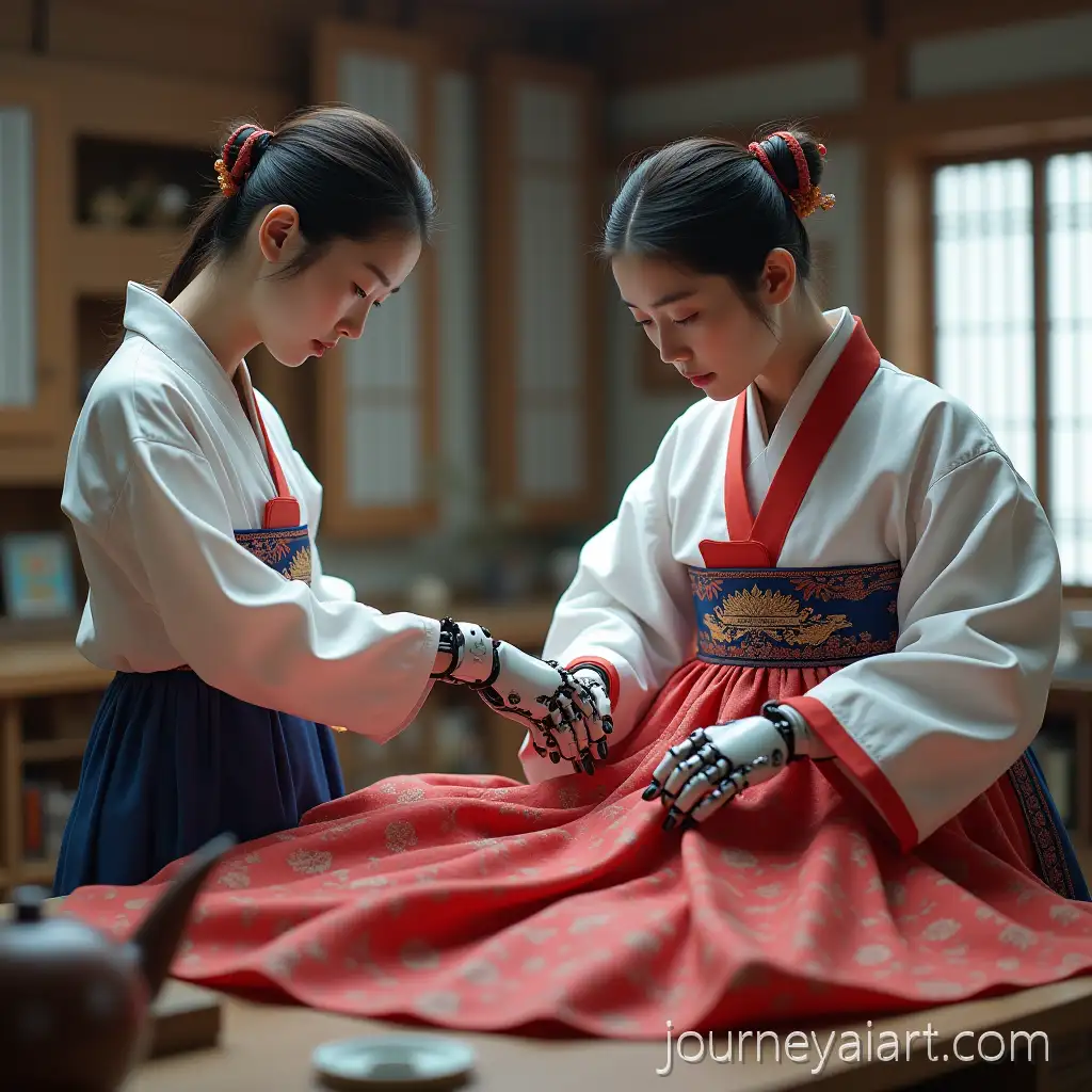 Traditional-Korean-Artisan-and-AI-Robot-CollaboratingKorean-artisan-making-hanbok-on-Hanbok-Creation-in-Digital-Workshop