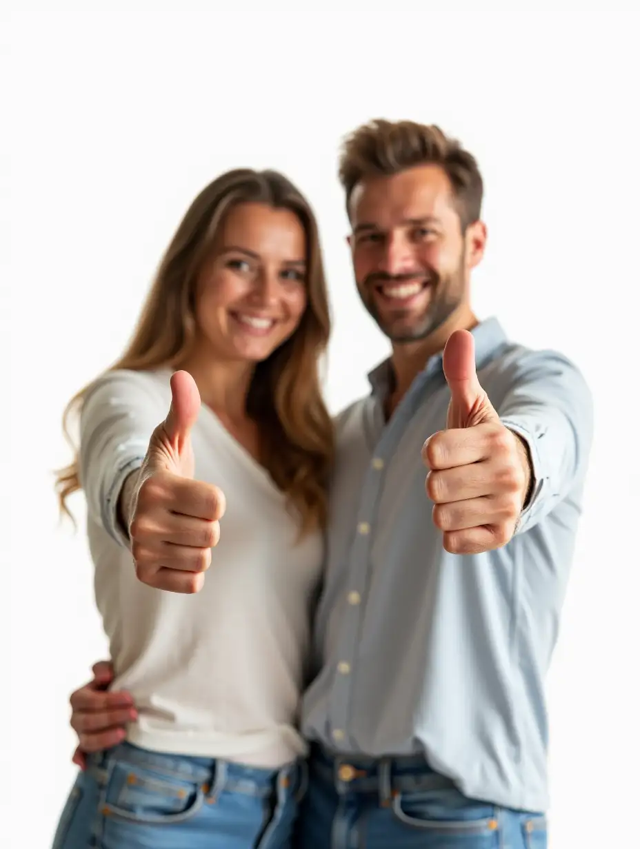 Waist-high portrait, Happy handsome man and woman 25 years old, showing a thumb, white background