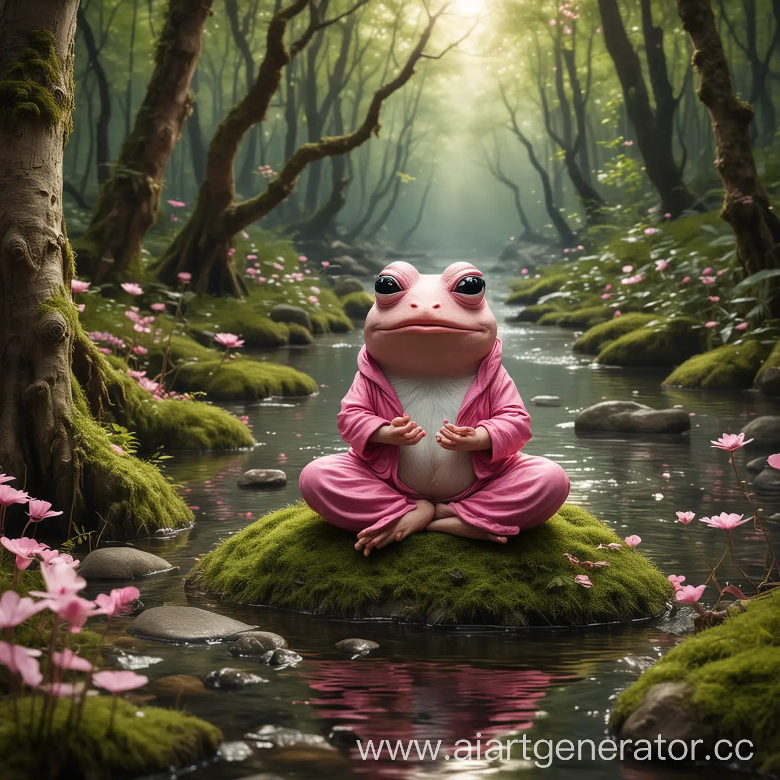 Pink pepe meditate in fairy forest with river