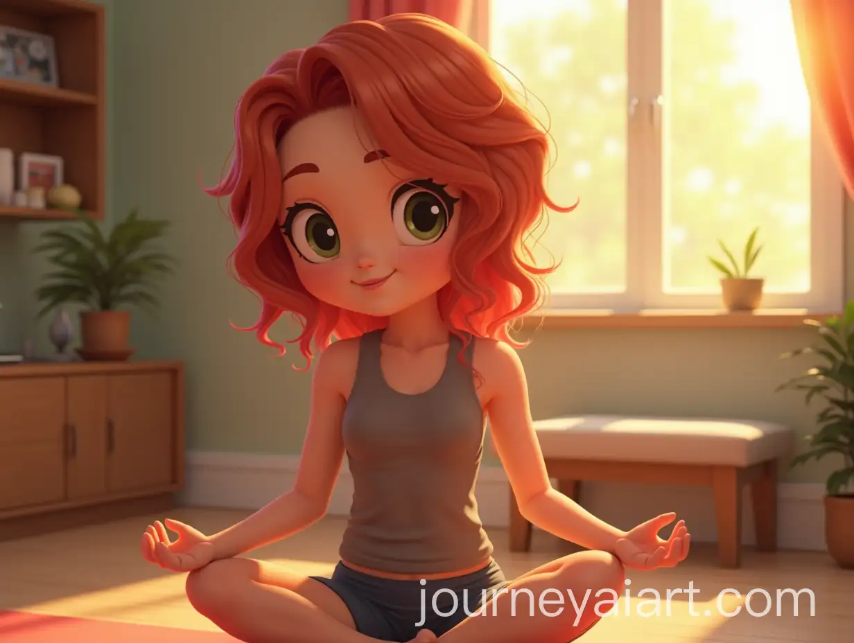 Young-Woman-with-Wavy-Red-Hair-Doing-Yoga-at-Home-Modern-CGI-Style
