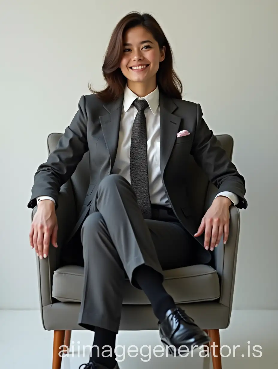 Full body shot of beautiful brunette female woman Canadian movie actress, smirking confidently, wearing man's Oxford shoes, wearing man's charcoal gray business suit, man's long necktie in Windsor knot, pocket square, crisp dress shirt, black socks, sitting in masculine pose, in chair, in front of blank background