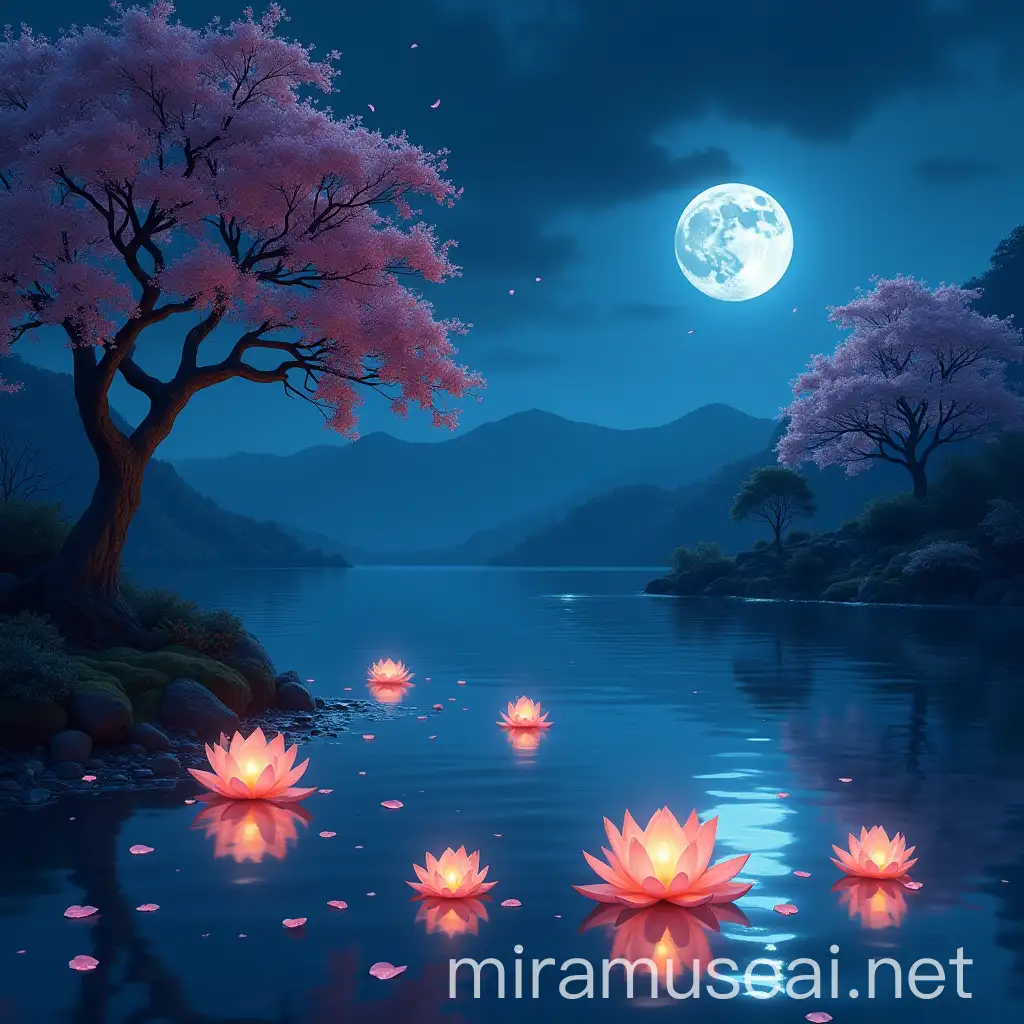 Manga Style Night Scene with Lotus Lanterns and Camellia Trees